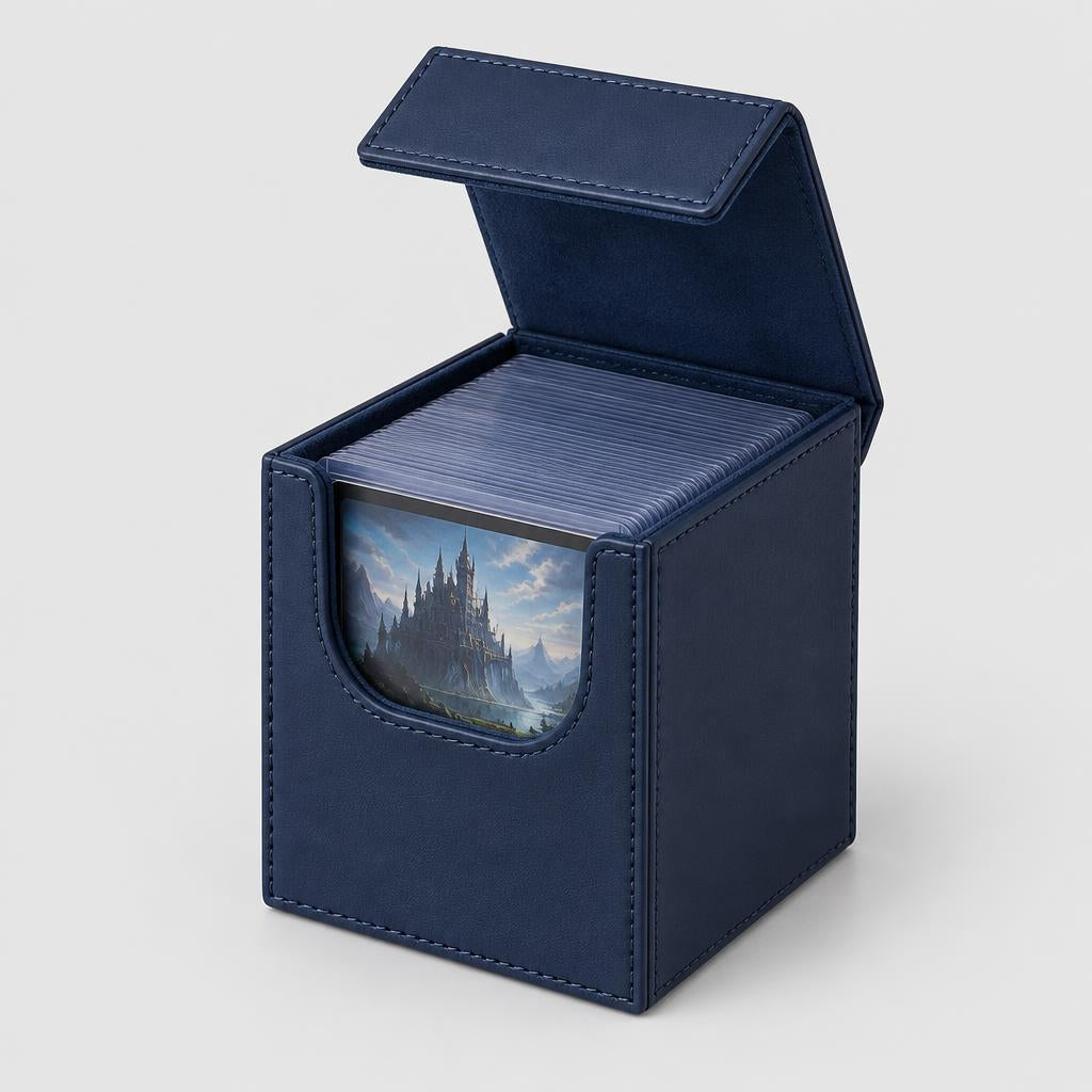 Navy magnetic deck box with lid open holding sleeved cards