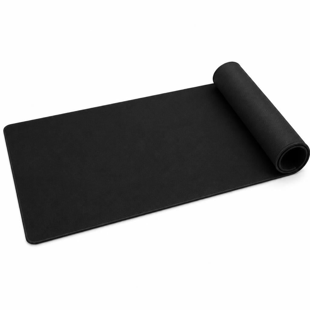 Black stitched-edge card game playmat partly rolled